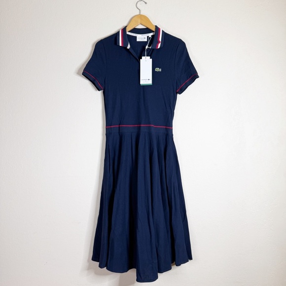 LACOSTE navy blue and red Petit Pique sporty polo dress SIZE 6 NEW - Picture 1 of 8